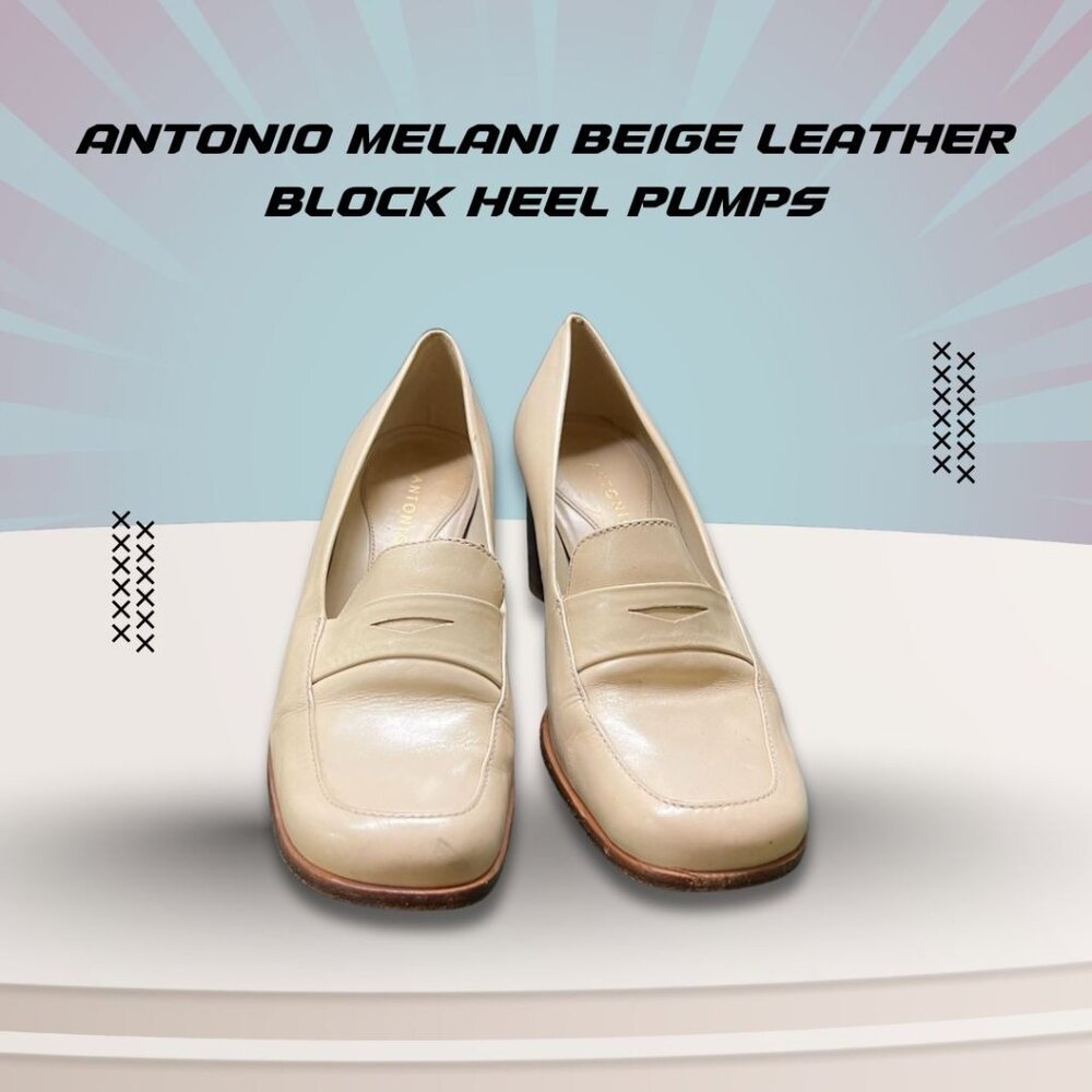 Antonio Melani Beige Leather Block Heel Pumps Size 6